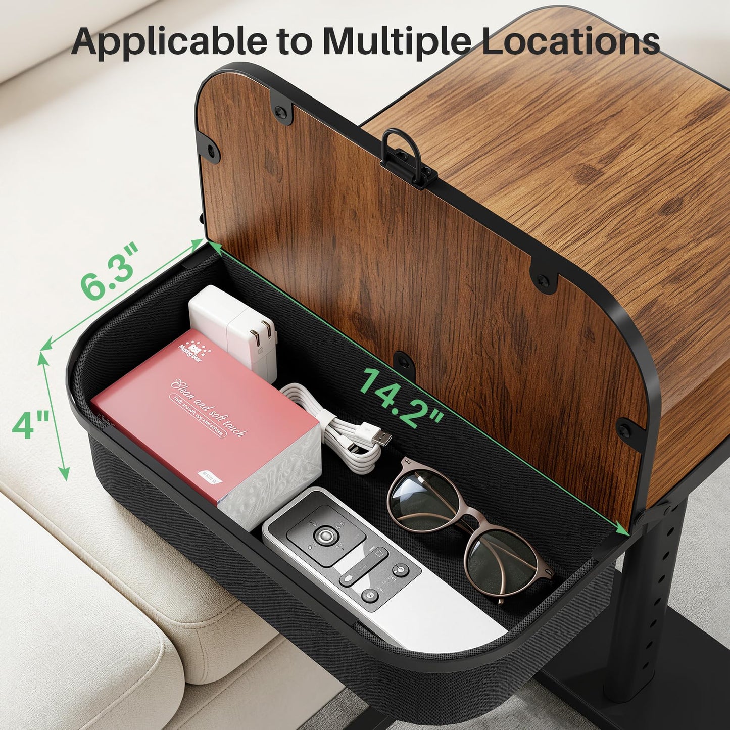 Kitstorack Large TV Tray Table with Flip-Top Storage Compartment for Extra Storage Space, 9 Adjustable Heights TV Trays, Safe Rounded Corners for Living Room, Bedroom, Study, Home Office, Brown