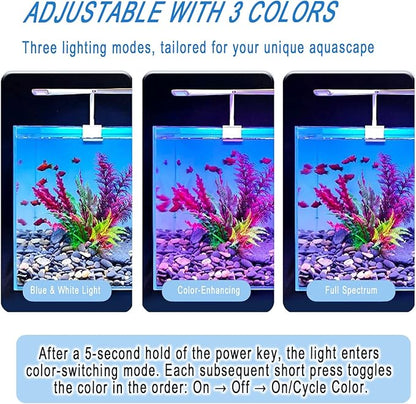 Aquarium Light Clip on Fish Tank Light Full Spectrum Plants Lights with Timer, 3 Colors Mode, 360° Adjustable 2 Light Bar, Led Aquarium Lamp Suitable for 10-18 Inch Fish Tank