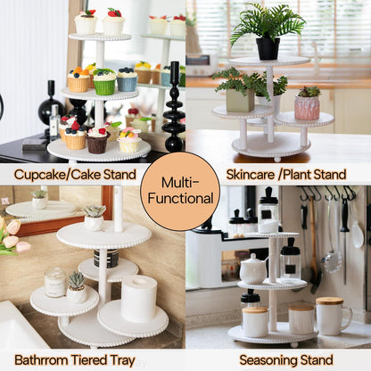 GENMOUS 2PCS 3 Tier and 4 Tier Beaded Cupcake Stand Set for Birthday Party Decor,Rustic Wooden Cupcake Tower Stands for 74 Cupcakes,White Cupcake Tiered Stand Display for Wedding Baby Shower Tea Party