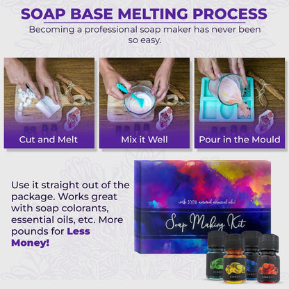 Soap Making Kit for Adults, Make Your Own Soap with Melt & Pour diy gentle soap supplies; 6 Essential Oils, Silicone Soap Mold, Spoon, Dried Flowers, 1.5lbs. Goats Milk Soap Base, 4 Colors, 9 Labels