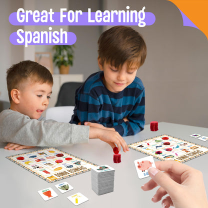 SpriteGru Spanish Bingo Game, 25 Bingo Board Spanish & English Vocabulary Word Game Bilingual Educational Toys for Language Learning - Ages 5 and up (Up to 25 Players)