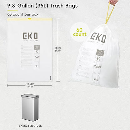 EKO 9.3 Gallon / 30–35 Liter Drawstring Trash Bags, Extra-Strong Leak-Resistant