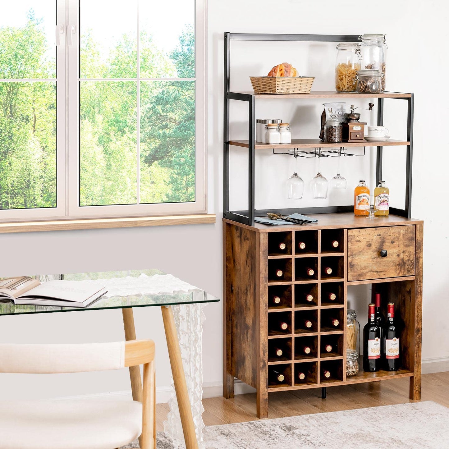Giantex Wine Cabinet 18 Bottles, Buffet Hutch with Storage Drawer, Wooden Sideboard Wine Rack, Metal Spice Bakers Rack with Glass Holder, Kitchen Microwave Stand Living Room (Rustic Brown)