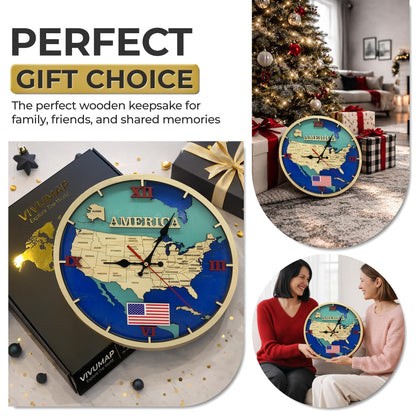 VIVUMAP Wooden Wall Clock USA Map Design 11.4 Inch Silent Non-Ticking, Handcrafted 6-Layer Laser Cut Wood with Gold Frame, Premium Decorative Wall Clock for Living Room, Bedroom, Office