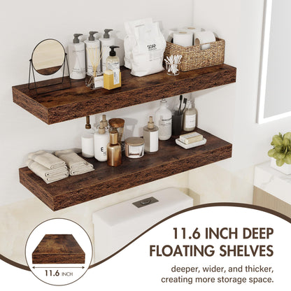 Acovy 36 Inch Floating Shelves, 12" Deep Floating Shelf Wall Mounted, 36" Wall Shelves, Rustic Deep Bookshelf, Extra Deeper & Thicker Display Shelves for Bedroom, Living Room, Brown, Set of 2