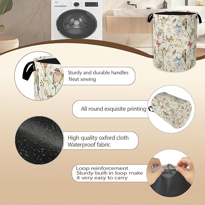 Laundry Hamper, Watercolor Bird Laundry Basket, Spring Flower Butterfly