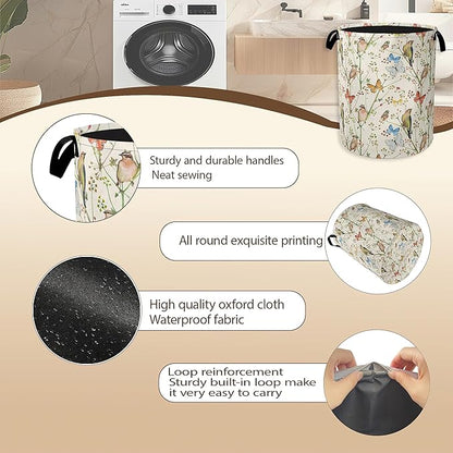 Laundry Hamper, Watercolor Bird Laundry Basket, Spring Flower Butterfly