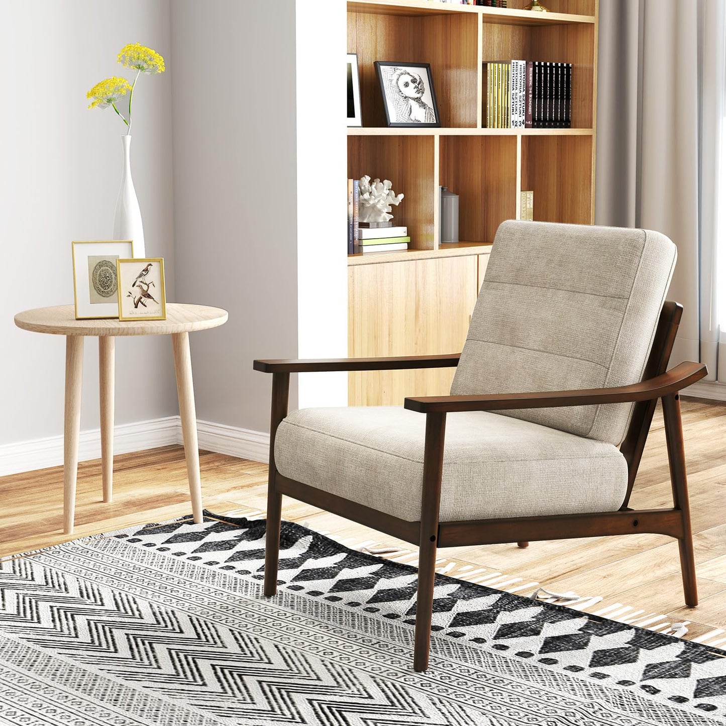 Giantex Mid Century Modern Accent Chair, Max Load 440 LBS Upholstered Living Room Chair with Rubber Wood Armrests & Legs, Removable Back Cushion, Comfy Reading Arm Chair for Living Room, Bedroom