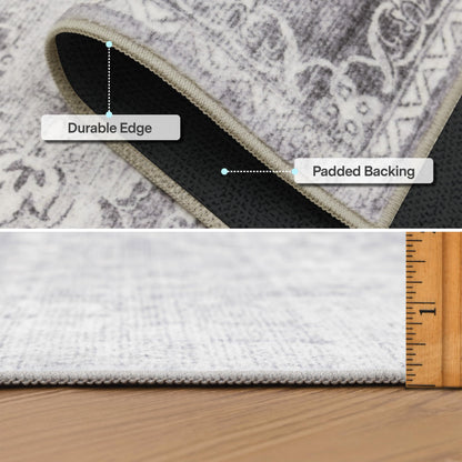 ReaLife Rugs Machine Washable Area Rug Runner - Living Room Bedroom Bathroom Kitchen Entryway Office - Padded Low Pile Stain Resistant Premium - Boho Farmhouse Vintage - Noor - Silver Ivory 2'6" x 6'