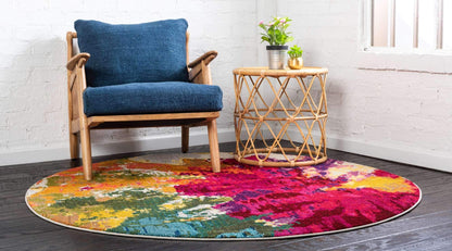 Unique Loom Estrella Collection Colorful, Abstract, Floral, Watercolors, Modern, Distressed Area Rug (6' 0 x 6' 0 Round, Multi/Pink)