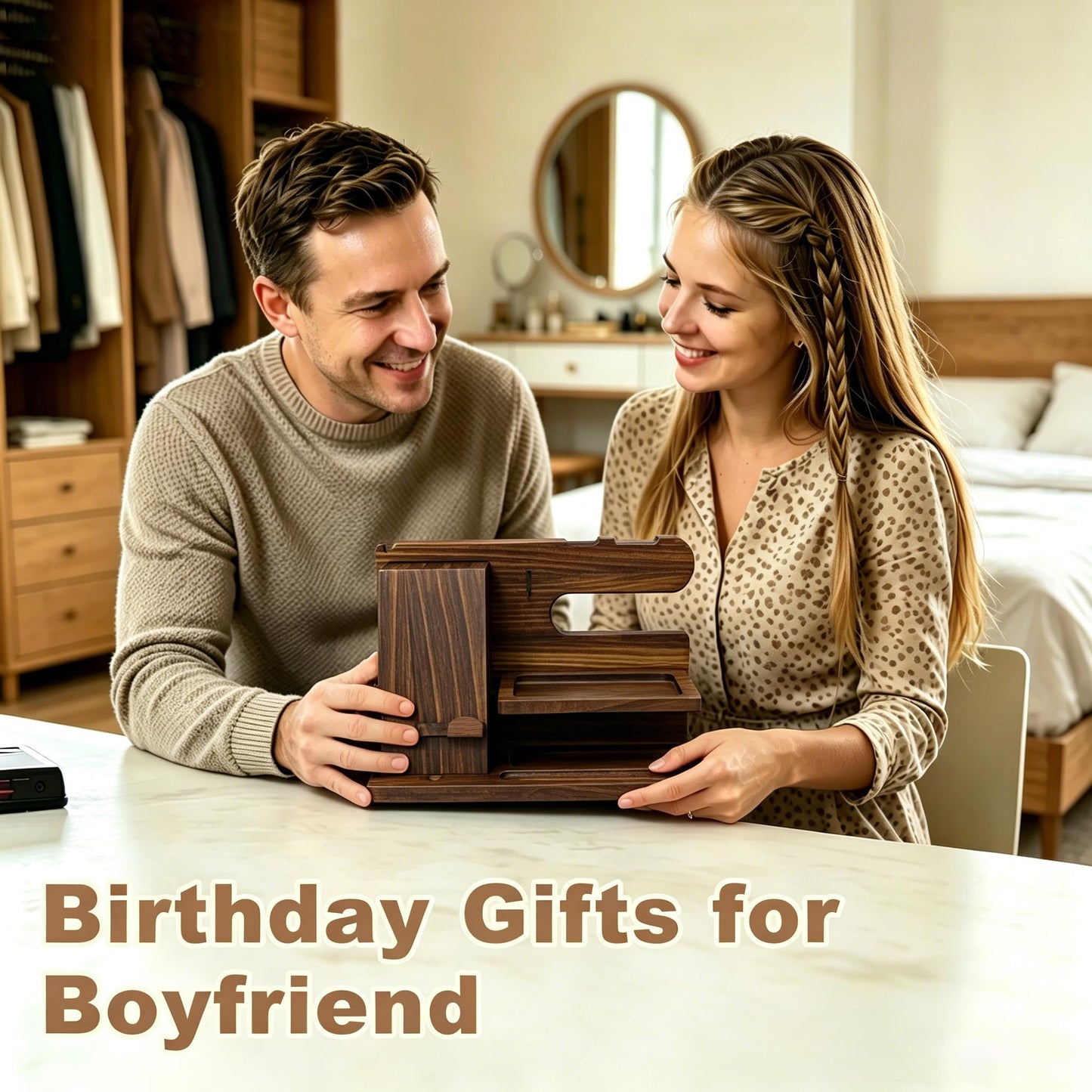 Iswabard Gifts for Men Wood Phone Docking Station Birthday Gift for Men Valentines Day Gifts Father Gift for Him Boyfriend Nightstand Organizer Desktop Phone Stand (Update Brown)