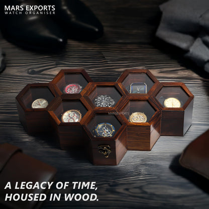 Mars Exports Wooden Watch Organizer Case with Glass Lid | 8 Slot Men’s Watch Storage Box – Dark Rosewood Finish | Elegant Watch Holder for Travel & Gift for Watch Lovers