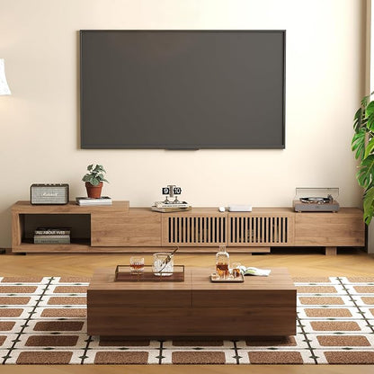 Mid-Century Modern Expandable Coffee Table & TV Stand Set, Walnut Finish – Elegant Storage Combo for Living Room, Bedroom, or Lounge (78.54“ to 103" TV Stand+Coffee Table)