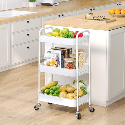 TOOLF 3-Tier Rolling Cart - Metal Utility Storage Organizer with Lockable Wheels, 33 lbs Per Shelf, Tool-Free 5-Min Assembly, for Kitchen Bathroom Office Nursery Craft Room, White