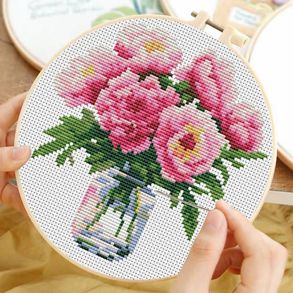 3 Pack Cross Stitch Kits for Beginners, Flower Stamped Cross Stitch Kits for Adults with Embroidery Hoop, Embroidery Kit 11CT Easy Partial Cross-Stitch Arts and DIY Crafts for Adults Home Decor