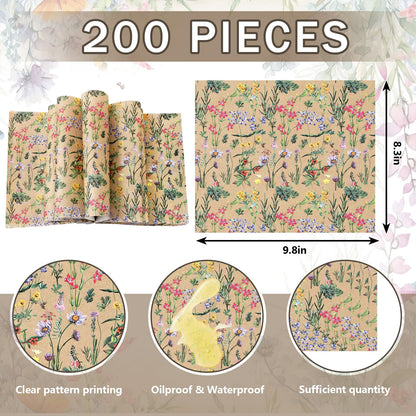 JarThenaAMCS 200 Pcs Wildflower Wax Paper Brown Spring Floral Waterproof Oil-Proof Deli Food Wrap Sheets for Sandwich Picnic Basket Liners Wrappers Home Kitchen Party Supplies 9.8 x 8.3 Inch