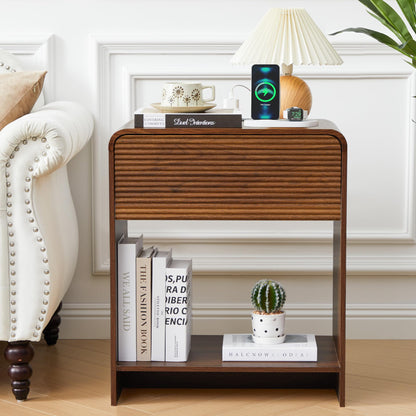 XUZENEST Fluted Nightstand with Charging Station, Mid Century Modern Bed Side Table End Table with Drawer Storage, Large Wooden Night Stands Bedside for Bedroom Living Room Sofa Office, Walnut