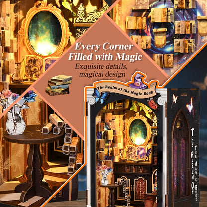 Book Nook Kit Magic Book of Mirrors Wooden Dollhouse， DIY Tiny House Miniature with LED Light, Fantasy Wooden Decor Display for Adults, Tiny Homes to Live in for Bookshelf, Battery Not Included