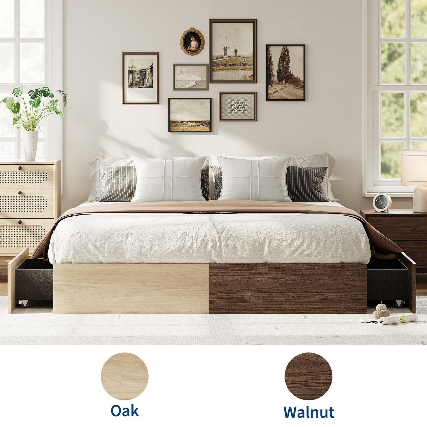 IDEALHOUSE Full Bed Frame with 2 Storage Drawers, Wooden Bed Frame Without Headboard, Minimalist Floor Platform Bed, Wood Slat Support, Noise Free, No Box Spring Needed, Easy Assembly