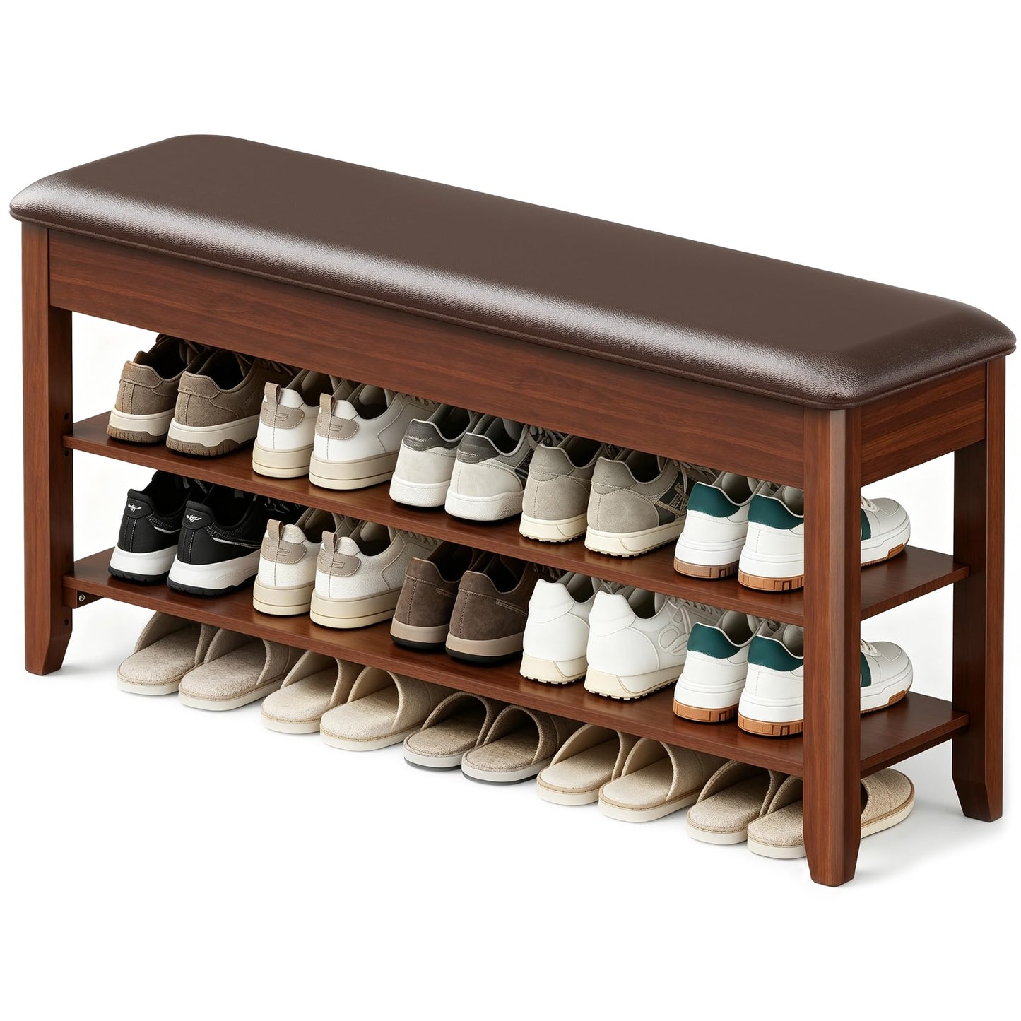 LBT Shoe Bench with Storage, Solid Rubberwood Shoe Rack Bench for Entryway, Adjustable 6.3" Shelf Fits High-Top Shoes & Boots, Hidden Storage Compartment, Cushion Seat, Stay-Open Hinge, Walnut