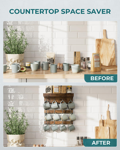 OROPY Coffee Mug Rack Wall Mounted, Rustic Wood Cups Rack with 12 Hooks and Storage Shelf, for Home Kitchen Display and Collection (Rustic Brown)