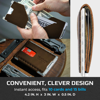 Trayvax Venture Billfold Wallet, Front Pocket Money and Credit Card Holder, Minimalist Slim Leather Metal Wallet for Men and Women, Frontier Brown Leather