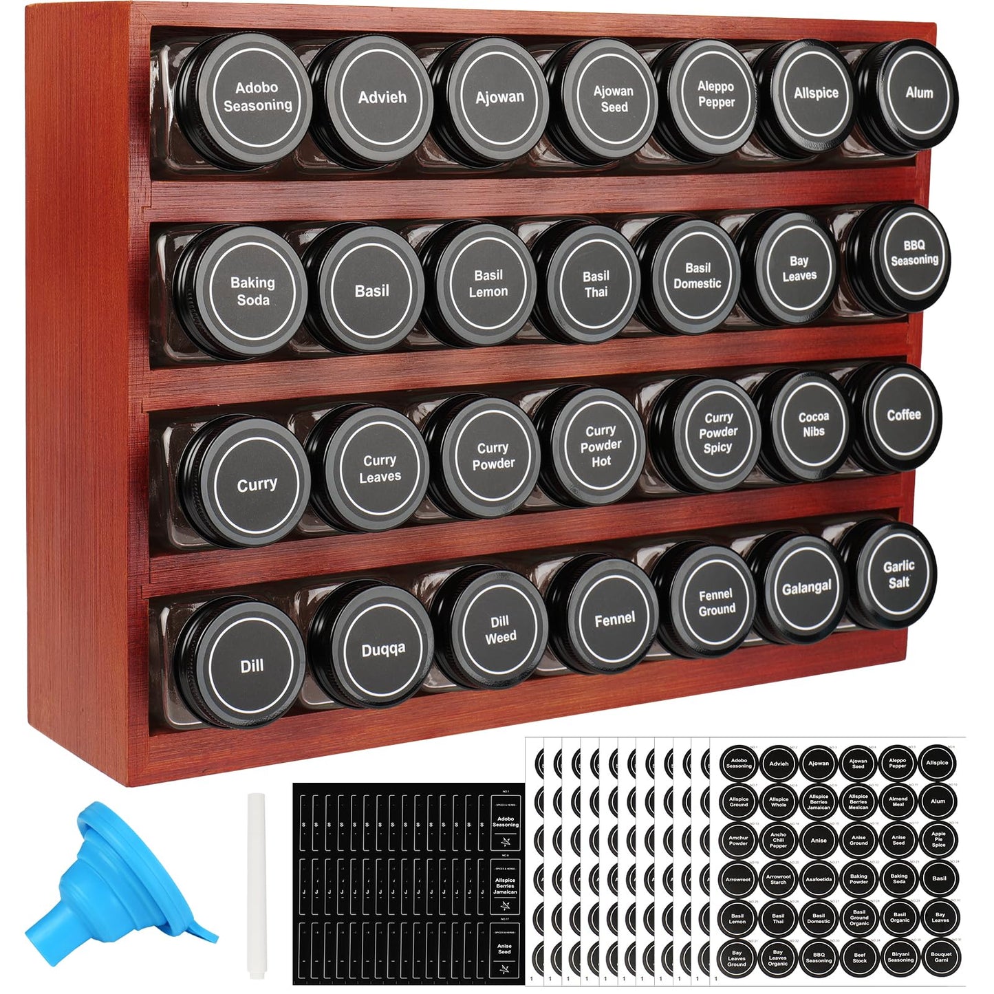 Bamboo Spice Rack Organizer with 28 Spice Jars, 780 Labels, 4 Tier Wood Hanging Shelf, Chalk Marker and Funnel Set for Drawer Cabinet Kitchen Countertop Wall Mount, Empty 4 oz Glass Jars-Cherry Stain