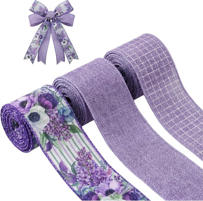 Spring Summer Purple Floral Wired Ribbon, 2.5 InchX 15 Yards Burlap Ribbon for Wreath, Bows, Gift Wrapping, Mother's Day, Wedding & DIY Craft (Purple)