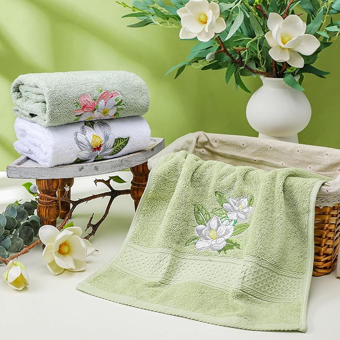 Magnolia Floral Hand Towels Farmhouse Green White Magnolia Bathroom Decor 14x29