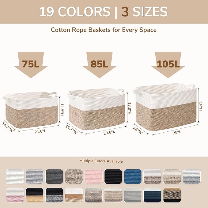 Goodpick 85L Large Woven Basket 23.6" x 15.7" x 13.8" Cotton Rope Storage Baskets for Organizing, Decorative Blanket Basket for Living Room Bedroom, Toy Baskets Storage Kids, Gray