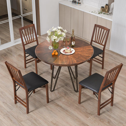 COSTWAY Folding Dining Chairs Set of 4, Upholstered Wooden Dining Room Chairs with PVC Padded Seat, Solid Wood Frame and 400LBS Capacity for Kitchen Apartment (Black & Brown)