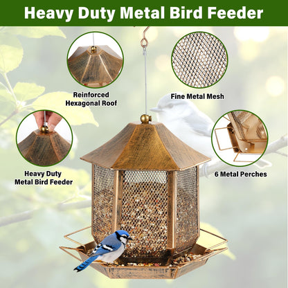Bird Feeder, Heavy Duty Metal Bird Feeders for Outdoors Hanging, Weather Resistant Wild Bird Feeders for Outside Garden Yard, 3.5LB Seed Capacity, Hexagon Gazebo Style