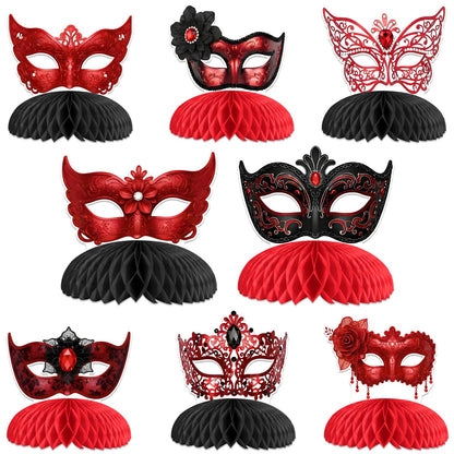Felivid Red Masquerade Honeycomb Centerpieces Set for Masquerade Party Table Décor Elegant Red Mask Theme Birthday Table Decorations Double-Sided Printed Masquerade Celebration Table Centerpiece Kit