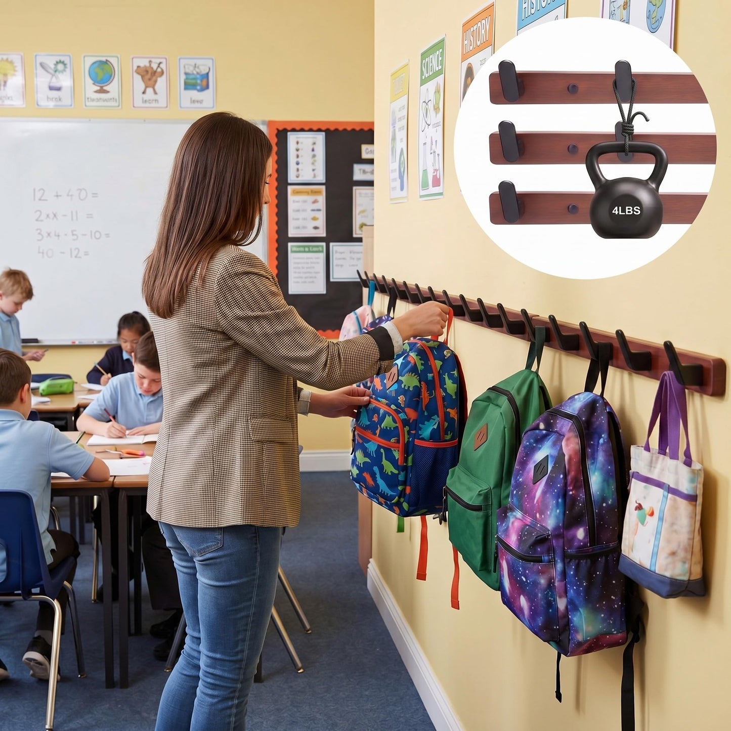 Chumia 4 Pcs Classroom Wall Backpack Hooks 17.7 Inch Wooden Heavy Duty Coat Hanger with 20 Hooks Deal Large Coat Rack Wall Mount Hanger for Back to School Organizer Hanging Backpack Hats Clothes