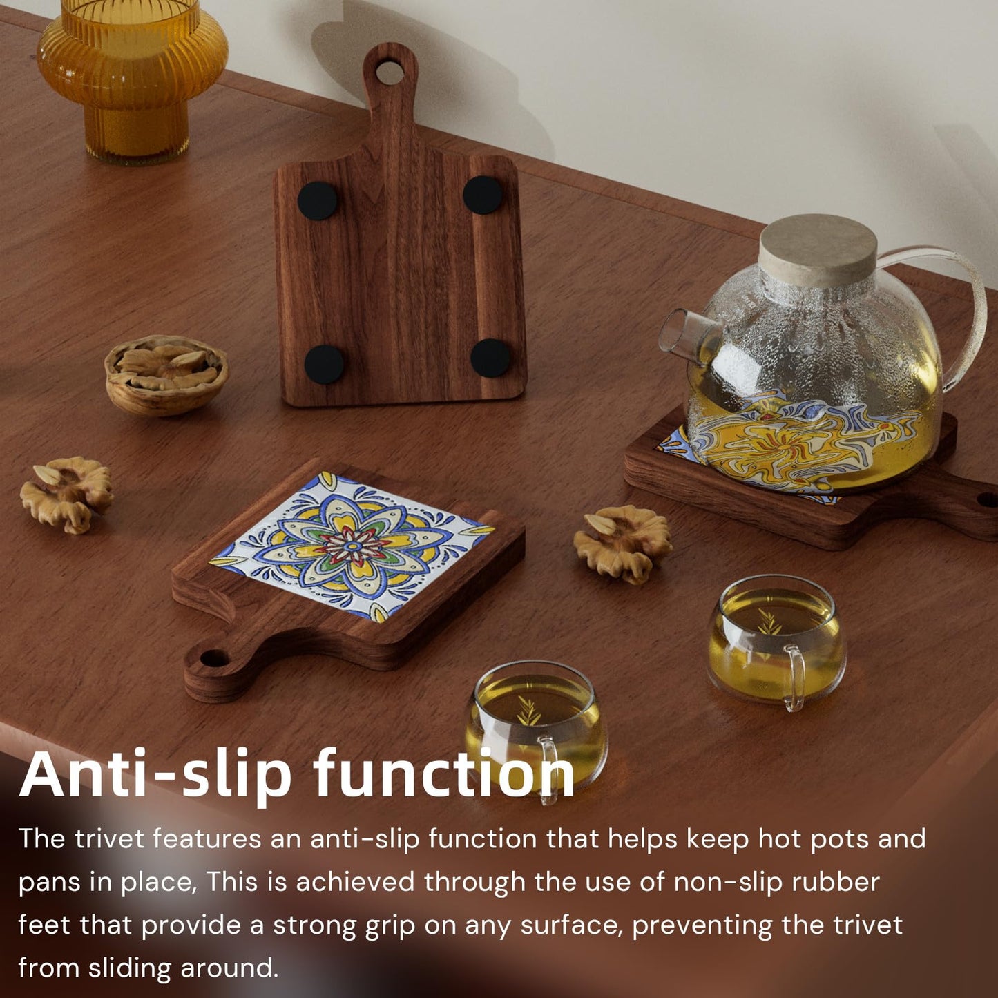 Wooden Trivets for Hot Dishes，3-PCS Set of Wooden Non-Slip Coasters with Stand,Base is Also a Cell Phone Holder,hot Pads for Kitchen，Trivets for hot pots and Pans,Hot Pad to Portect Your Countertop