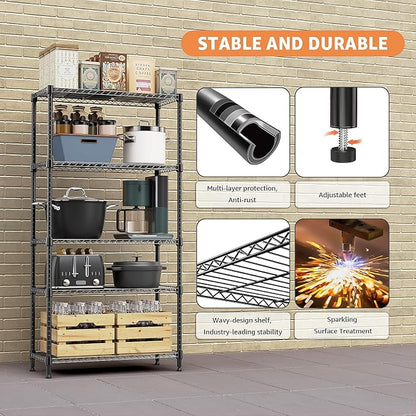 M MZG 5 Tiers Shelf Metal Storage Shelves Standing 1750 LBs Household Shelf Organizer for Kitchen Pantry Closet Garage Basement Utility Room, Black15.7 D x 45.3" W x 70.4" H