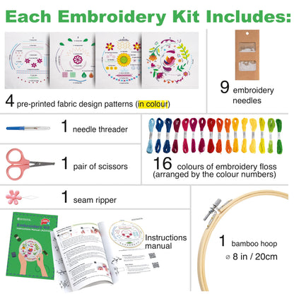 Azenera Beginner Embroidery Kit (4 Pack) Learn 33 Stitches with Easy DIY Video Tutorials, Coloured Design Patterns, Thread Floss, Cross Stitch Hoop, Gift (AZA100)