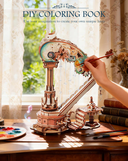 ROKR 3D Wooden Puzzle Harp Music Box, Building Model Kit with Mechanical Movement, Gift for Adults Women, Elegant Home Decor for Desk & Shelf