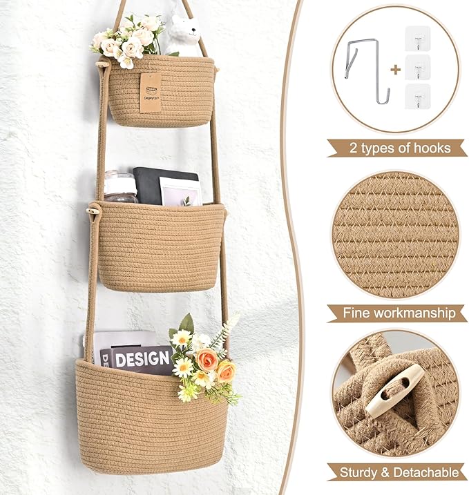 Hanging Storage Baskets, Over the Door Basket, Cotton Wall Baskets Storage