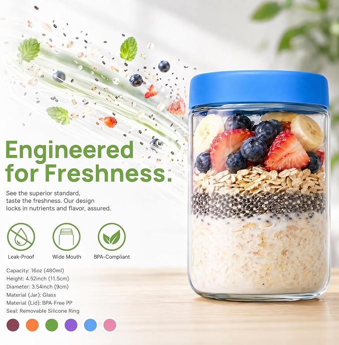 EONJOE 16oz Glass Jars for Overnight Oats Snacks Salad Yogurt Pudding Cereal Candy Storage Containers Meal Prep Mason jar with Airtight lids,6 Pack
