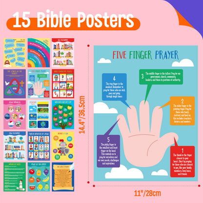 15 Bible Posters for kids, Thick Religious Poster Waterproof & Tear Proof with PET Film, Books of the Bible Poster Sunday School Christian Decoration for Classroom, Bulletin Board (14.5” x 11”)