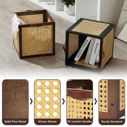 VinneGenzz 2PCS Rattan Storage Cubes Wooden Storage Baskets Boxes Decorative Natural Handmade Bohemian Solid Wood Woven Wicker Cane Bin Closet Shelf Clothes Organizer Books Magazine Holder (Walnut)