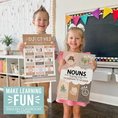 Parts of Speech Posters for Classroom Must Haves - 12 Grammar Posters, Writing Process for Homeschool, Elementary & Middle School, ELA 3rd 4th & 5th Grade Teacher Must Haves, Boho Classroom Decor