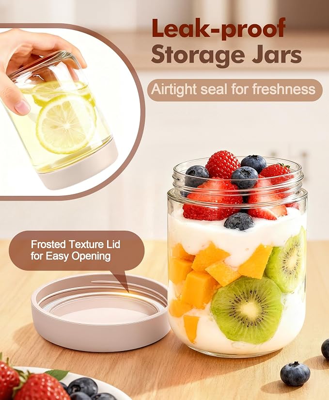 4 pack 16 oz Overnight Oats Containers with Lids and Spoons Glass Jars with Airtight Lids: Wide Mouth Mason Salad Jars, Leakproof and Reusable Glass Food Storage Container for Yogurt Snacks Spice