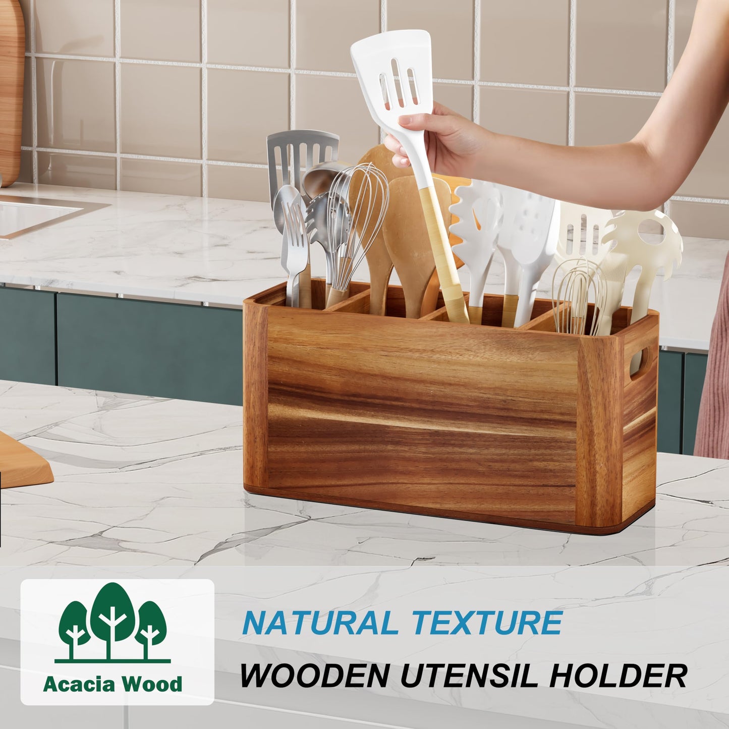 Segtenant Utensil Holder for Kitchen Counter, Extra Large Utensil Holder for Countertop with 4 Compartments Wooden Cooking Utensil Organizer for Spatula Kitchen Storage, Acacia Wood