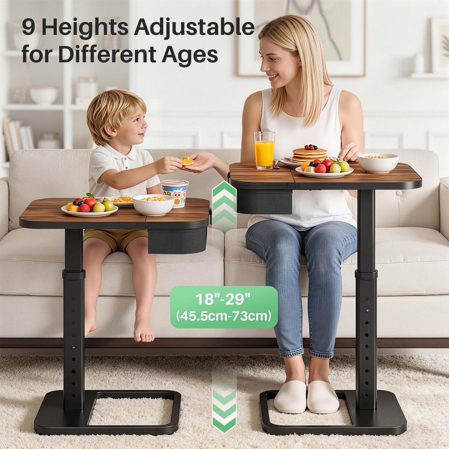 Kitstorack Large TV Tray Table with Flip-Top Storage Compartment for Extra Storage Space, 9 Adjustable Heights TV Trays, Safe Rounded Corners for Living Room, Bedroom, Study, Home Office, Brown