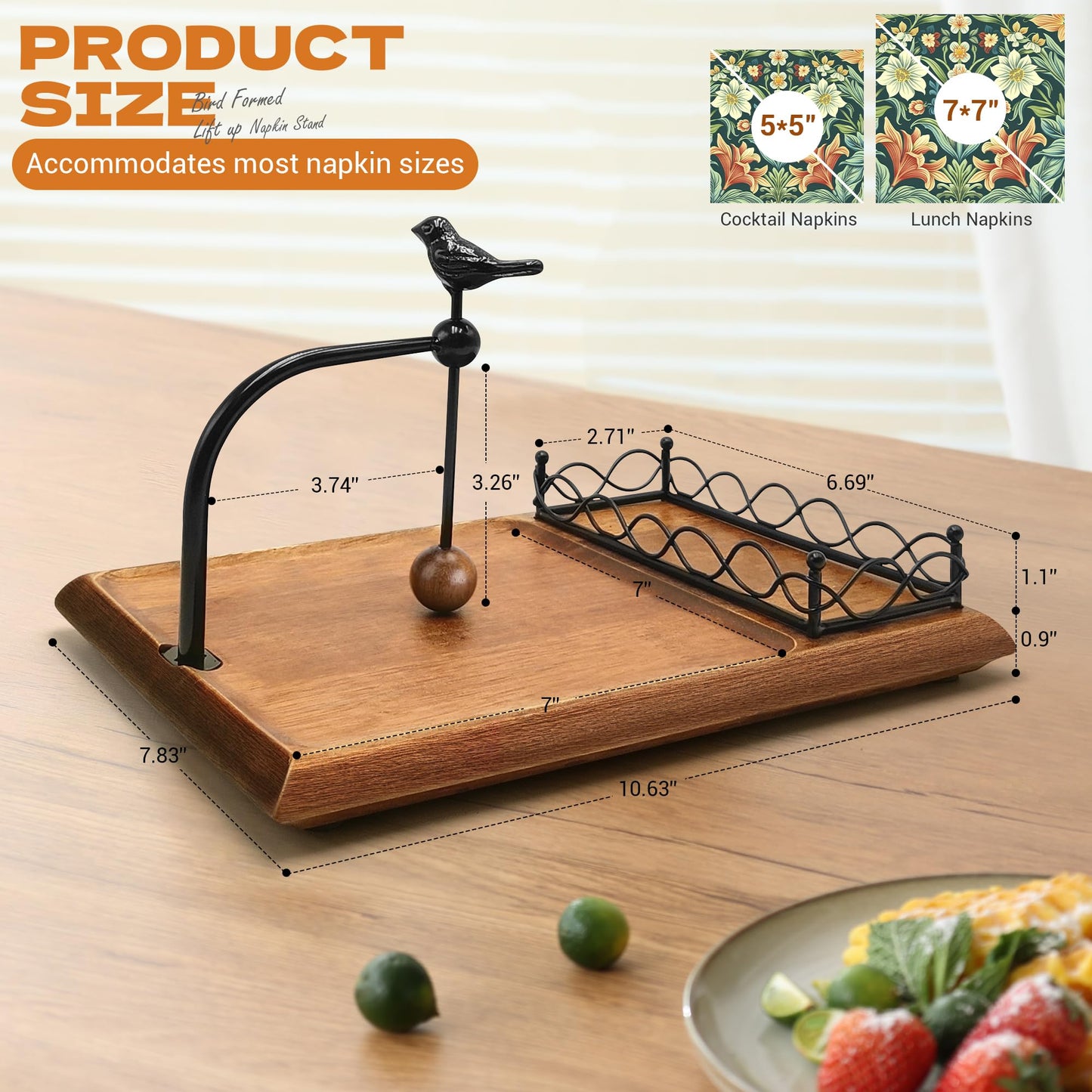 Elegant Flat Wooden Napkin Holder with Bird Design, Multifunctional Napkin Holder for Table, Kitchen, Outdoor Use Walnut Brown Wood Base Includes Space for Salt and Pepper Shakers