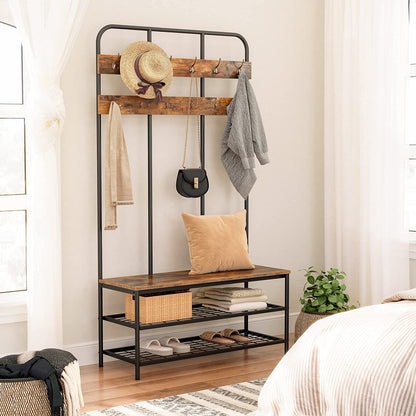 HOOBRO Extra Large Hall Tree with Shoe Bench and Coat Rack, Wood and Metal, 39.4"L x 14"W x 71.7"H