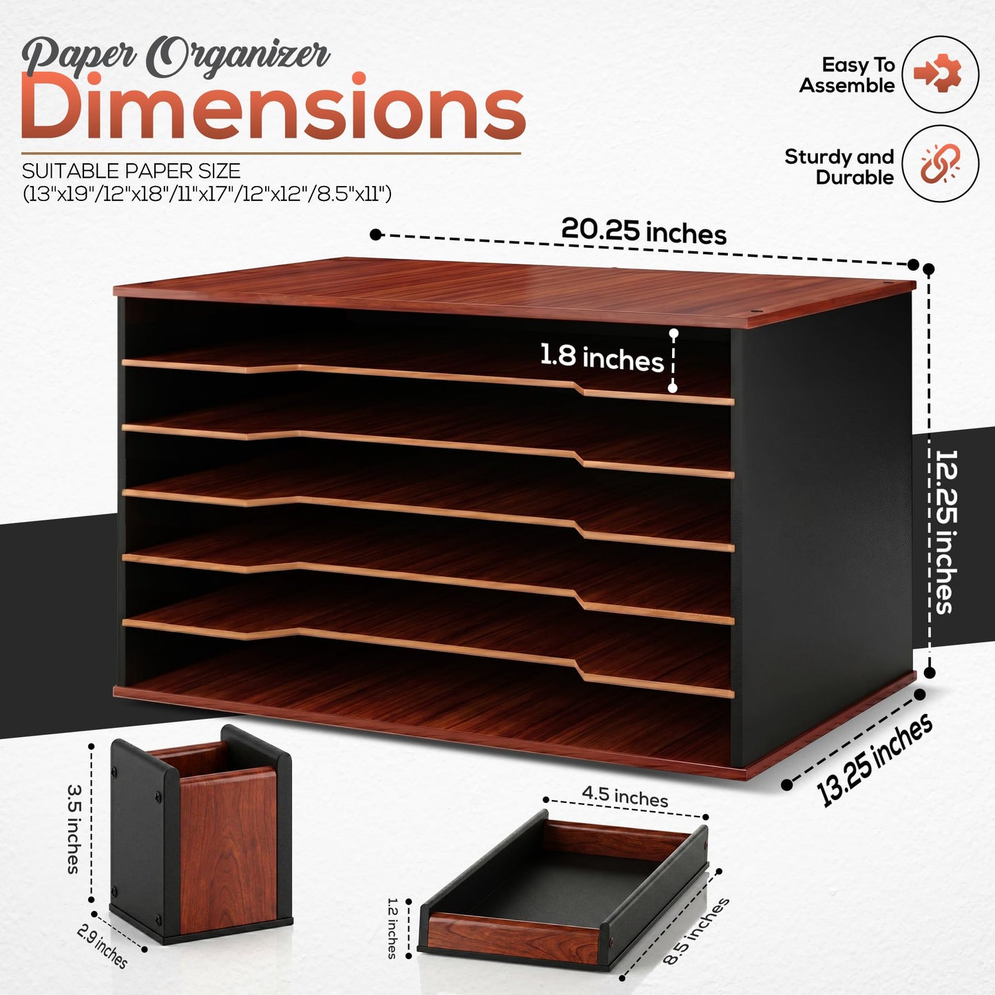 DL Davis lorence Wooden Paper Organizer 20.25"W x 12.25"H x 13.25"D, 6-Tier Storage for 12"x18" & 11"x17" Sheets, Includes Matching Pen Holder & Tray, Ideal for Office, Home, Art Room and Classroom
