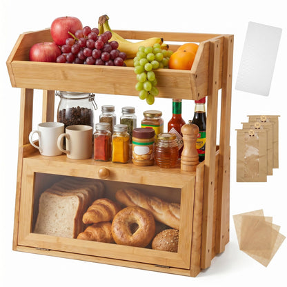 YanKiTour Bamboo Bread Box for Kitchen Countertop, 2 Tier Large Storage with Fruit Basket Top and Window, Farmhouse Organizer for Snacks & Vegetables